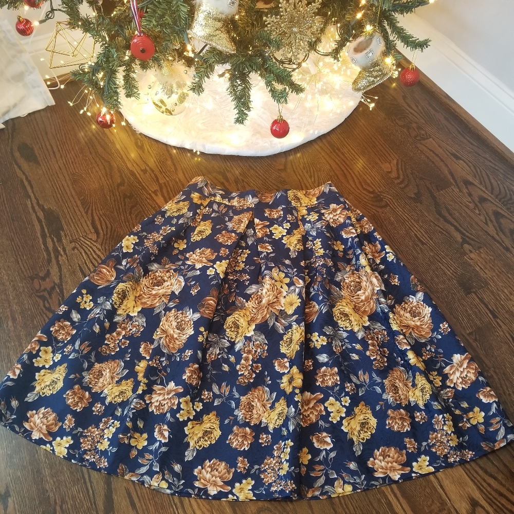 Women's Floral Midi Skirt High Waisted A-Line Cocktail Holiday Party Skirt